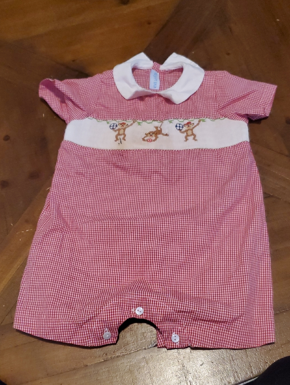 Red Gingham Smocked Monkey Romper with White Peter Pan Collar